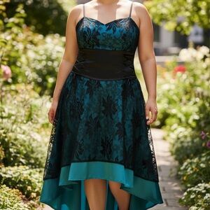 Chic Black and Teal Lace High Low Dress